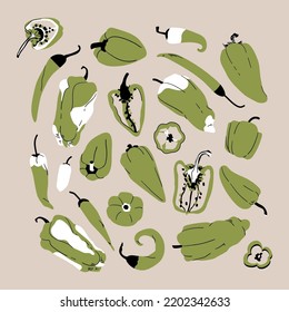 Set of green peppers vector on beige background. Whole peppers, halves with a sprig, and a quarter cut. Healthy food, vegetable vintage flat style modern illustration