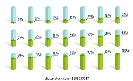 Set of green percentage charts for infographics, 0 5 10 15 20 25 30 35 40 45 50 55 60 65 70 75 80 85 90 95 100 percent. Vector illustration.