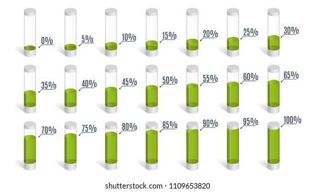 Set of green percentage charts for infographics, 0 5 10 15 20 25 30 35 40 45 50 55 60 65 70 75 80 85 90 95 100 percent. Vector illustration.
