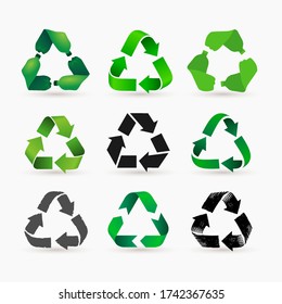 Set of green pet plastic bottles form mobius loop or recycling symbol with arrows. Eco icons pet use concept. Vector illustration. Isolated on white background.