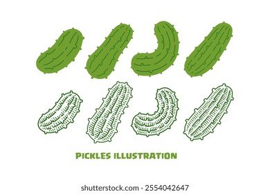 set of green pickles vegetable flat and line art style vector. doodle green pickles vegetable illustration collection. pickled healthy veggie silhouette vector. element design of pickles cucumbers