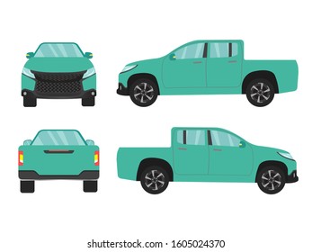 Set of green pickup truck car view on white background,illustration vector,Side, front, back