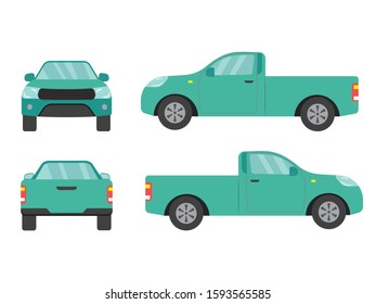 Set of green pickup truck single cab car view on white background,illustration vector,Side, front, back