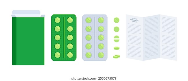 Set of green pill packs with patient information leaflet. Healthcare, medicine, pharmacy, OTC drugs concept. Flat vector illustration isolated on a white background with copy space