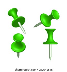 Set of green pin different view, thumbtack, vector, illustration