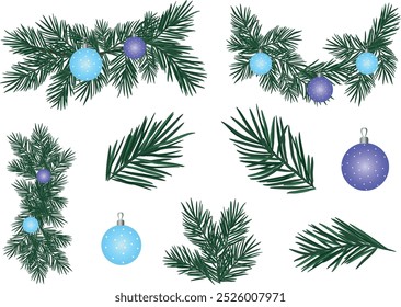 Eine Reihe grüner Kiefernzweige mit Weihnachtsbällen. Vektorgrafik einer Weihnachtskiefernblume mit großen und kleinen Bällen einzeln auf weißem Hintergrund.