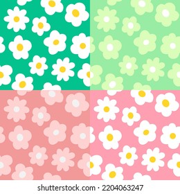 Set of Green and Pink Flowers Backgrounds, Seamless Editable Vector Patterns. Simple Floral Print Collection,  Multi Color Designs.
