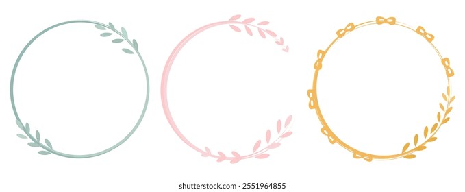 Conjunto de signos de círculo verde, rosa y oro con hoja, corazón y lazo de cinta aislados sobre Vector de fondo blanco.  