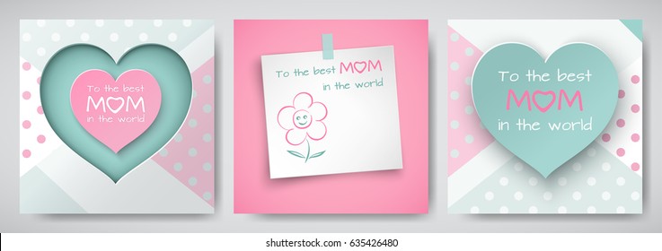 Set of green and pink greeting card for mother's day, sheet of paper with congratulations text and flower, cutted heart with dotted background, paper cut style. Vector illustration, layers isolated