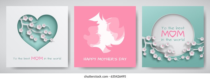 Set of green and pink greeting card for mother's day. Women and baby silhouettes with congratulations text, cuted heart decorated cherry flowers, paper cut style. Vector illustration, layers isolated