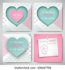 Set of green and pink greeting cards for mothers day, sheet of paper with congratulation text and flower, cutting heart with dotted background, paper cut style. Vector illustration, layers isolated