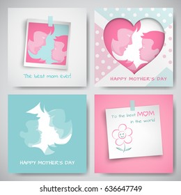 Set of green and pink greeting cards for mothers day. Women and baby silhouettes, congratulation text, cuted heart on dotted background, photo frame and sticker. Vector illustration, layers isolated