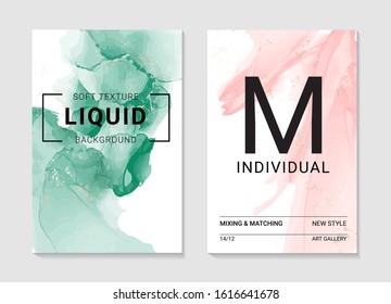 Set of green pink  ink wash painting textures on white background. Vector abstract card template illustration. Modern watercolor art.