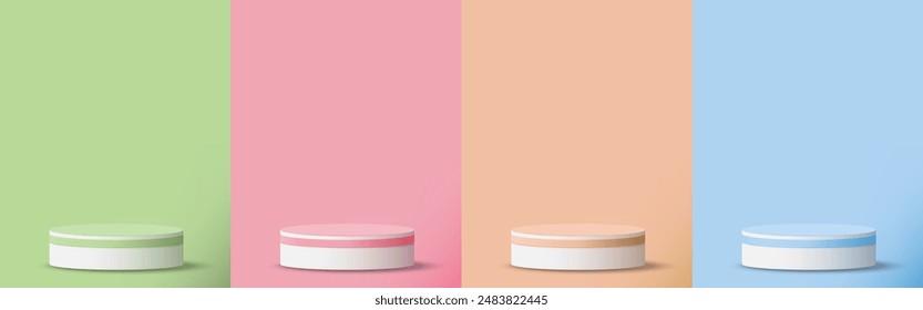 Set of Green, Pink, Peach, Blue scene background with 3d stage podium minimal style. Pedestal with for product display, advertising, show base, winner on pastel color backdrop. Vector illustration.