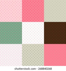 Set of green - pink polka dot seamless textures, vector illustration, eps 10