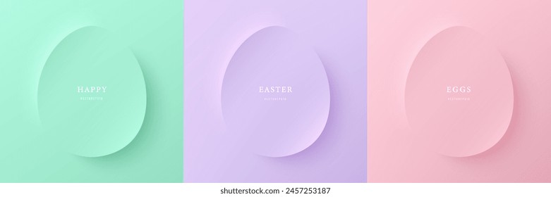 Set of green, pink and purple 3D eggs shape frames design. Elements for happy easter day festival design. Collection of geometric oval for product display or text space. Top view. Vector illustration.