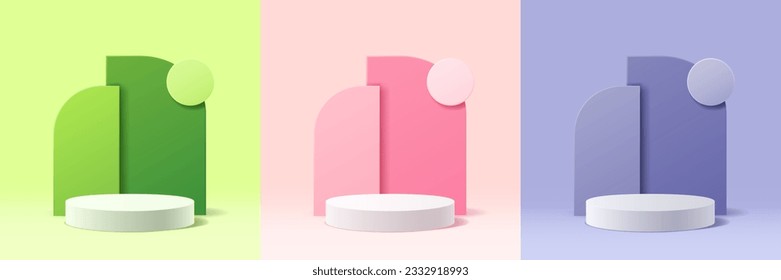 Conjunto de plataformas 3D abstractas verde, rosa y violeta para el fondo de presentación del producto, base de cilindros blancos para mostrar productos con una escena de pared de forma geométrica mínima, ilustración vectorial