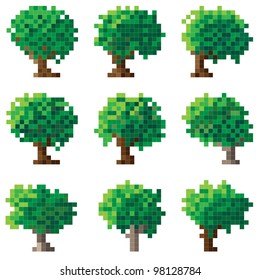 Set of green pixel trees (computer graphic(16x16 cells)).