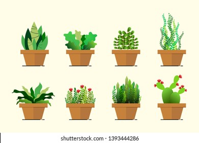 set of green plant pot in flat design