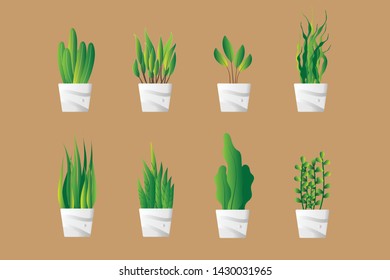 set of green plant pot in flat design