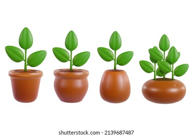 Set green plants in pot isolated on white background. Collection realistic modern minimal design elements. 3d vector illustration.