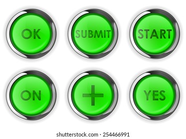 Set of green plastic round buttons with metallic frame: ok, submit, start, on, yes - vector drawing isolated on white background