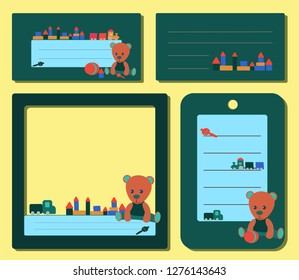set green post, with a teddy bear in green clothes and toys for the boy and girl. for social media frame notes. web