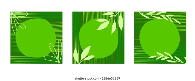 Afiches verdes con fondo verde, hojas, ramas, plantas, cuchillas de pasto, rayas y elementos. Diseño minimalista de impresiones, volantes, banners para el Día de la Tierra. Conceptos ecológicos