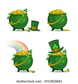 Juego de potes verdes con monedas de oro para el día de Patrick. Cacerolas de oro con sombrero leprechaun y arco iris. Ilustración vectorial aislada. Para banner, afiche, tarjeta, invitación. Símbolo de buena suerte y riqueza