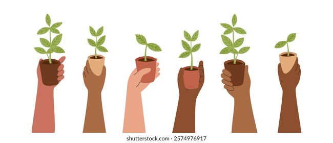 Set of green potted seedlings in human hands isolated on white. Vector flat cliparts. Spring, gardening, new life, business, save the planet concept.