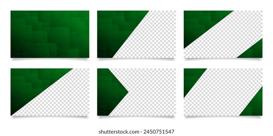 Set of green presentation slides. Abstract business card templates with transparent space. Background with trendy geometric pattern, rounded squares, gradient shades