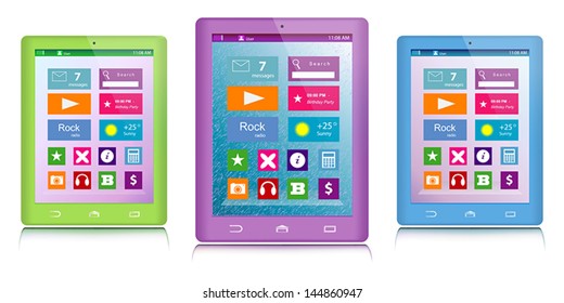 Set of green, purple and blue tablet computers with color icons on touch screen isolated on white background