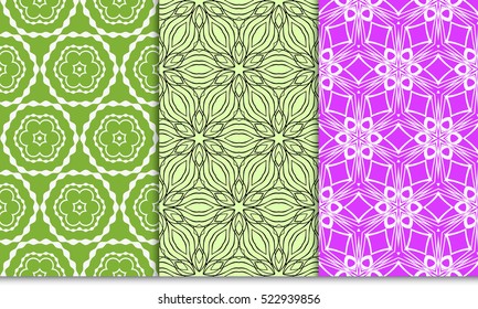 set of green, purple color floral ornament. modern pattern. seamless vector illustration