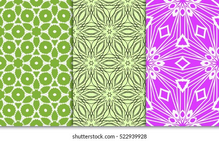 set of green, purple color floral ornament. modern pattern. seamless vector illustration