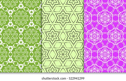 set of green, purple color floral ornament. modern pattern. seamless vector illustration