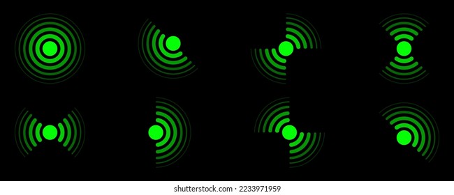Juego de radar verde sobre fondo negro. Búsqueda de destino. Pantalla o pantalla militar. Destino de detección de señales. Onda sonora sonora sonora.