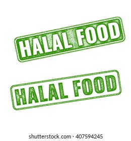 Set of green realistic vector Halal Food grunge rubber stamp isolated on white background. Halal food vector stamp 