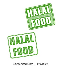 Set of green realistic vector Halal Food grunge rubber stamp isolated on white background. Halal food vector stamp 