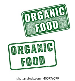 Set of green realistic vector Organic Food grunge rubber stamp isolated on white background. 