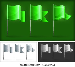 Set of green rectangular flags on metal flagpole, vector illustration