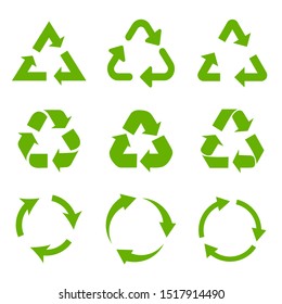 Set of green recycle arrows icons on a white background in a flat design