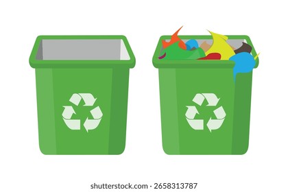 Conjunto de papeleras de reciclaje verdes llenos y vacíos iconos vectoriales