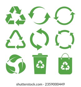 Set of green recycle icon. Recycling and rotation arrow symbols. Vector illustration isolated on white background.