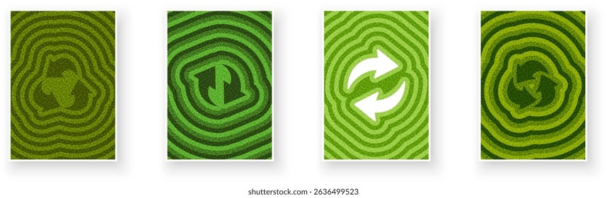 Set of green recycle and refresh symbols with wavy ripple backgrounds. Vector illustration for sustainability themes.