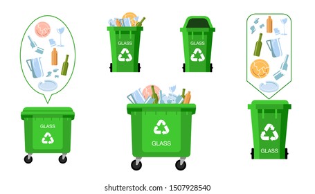 Set of green Recycling Bins, Containers and Buckets Vector For Glass Trash. Waste management. Opened And Closed. Different size and kinds. Front View. Sign Arrow. Isolated Illustration
