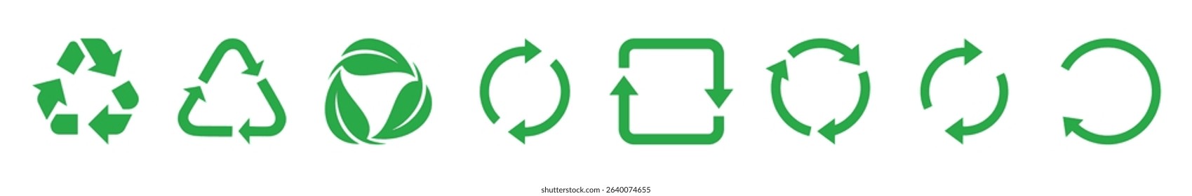 Set of green recycling icons with arrows and eco symbols. Ideal for sustainability, eco-friendly design, waste management, circular economy, renewable energy, and green initiatives.
