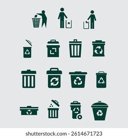 Set of Green Recycling and Waste Bin Icons for Eco Awareness	