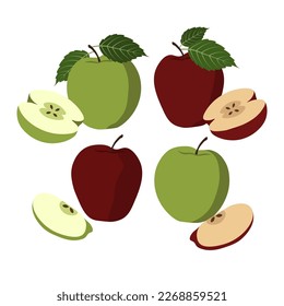 Set of green and red apples. Bright, juicy, tasty fruits. Vector flat illustration on white background.Set of fruits and vegetables. 