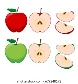 Set of green and red Apples isolated on white background. Vector illustration for your design in minimal style.