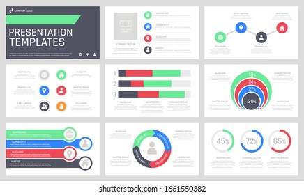 Conjunto de elementos verdes, rojos, azules y grises oscuros para diapositivas de plantillas de presentación multipropósito con gráficos y gráficos.